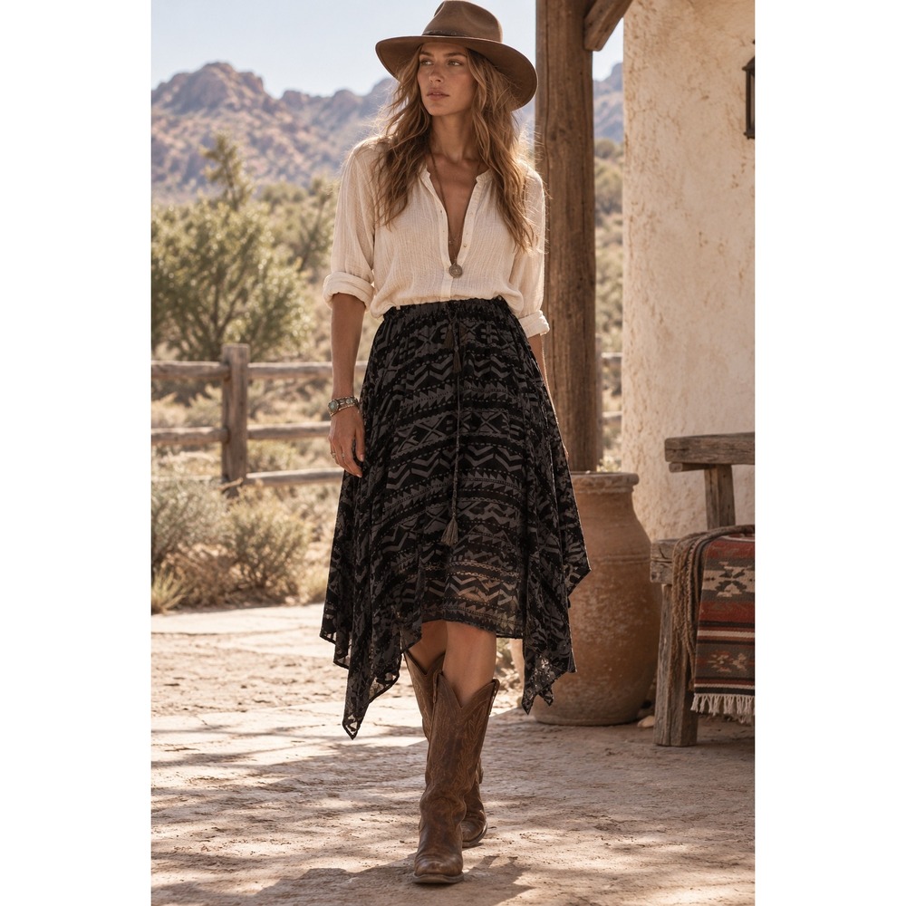 Ralph Lauren Velvet Burnout Southwest Asymmetrical Midi Skirt XL Black Western